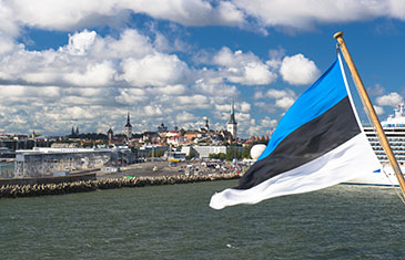 Tallinn mit estnischer Flagge im Vordergrund