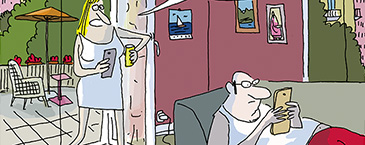 Ausschnitt aus Cartoon von BECK: Frau kommt zur Tür herein mit Smartphone in der Hand und spricht Mann an, der auch ein Smartphone in der Hand hält