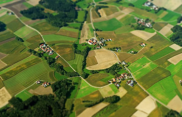 Luftbild von agrarisch geprägter Landschaft mit kleinen Gehöften