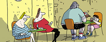 Ausschnitt aus Cartoon von BECK: Zwei Frauen im Café lästern über übergewichtigen Vater und sein ebenso übergewichtiges Kind, das Cola trinkt