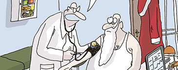 Ausschnitt aus einem Cartoon von Beck, auf dem ein Arzt dem Weihnachtsmann Blutdruck misst