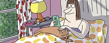 Ausschnitt aus einem Cartoon von Beck, auf dem eine Frau im Bett liegt, ihre Katze streichelt und ins Smartphone blickt