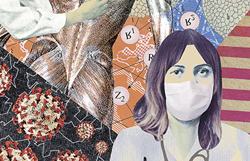 Illustration mit junger Ärztin mit Munschutz im Vordergrund, im Hintergrund  farbige medizinische Darstellungen