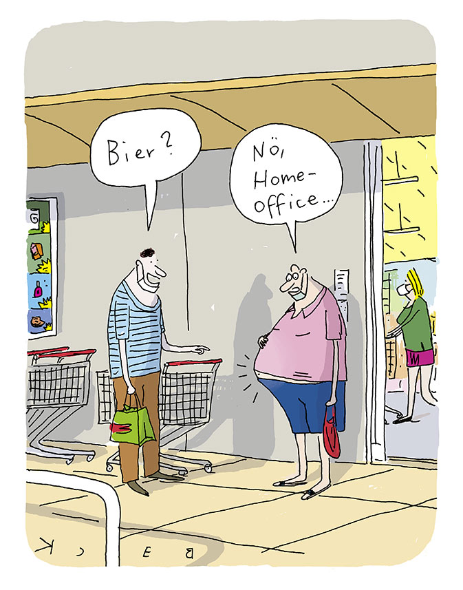 Cartoon von BECK, auf dem ein Mann vor dem Supermarkt einen anderen mit dickem Bauch fragt: 