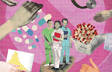 Bunte Illustration von medizinischem Personal, das auf einer Hand steht und von weiteren fordernden Händen und medizinischem Zubehör umgeben ist