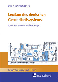 Cover des Lexikons des deutschen Gesundheits­systems mit verschiedenen Icons aus dem Gesundheitssystem