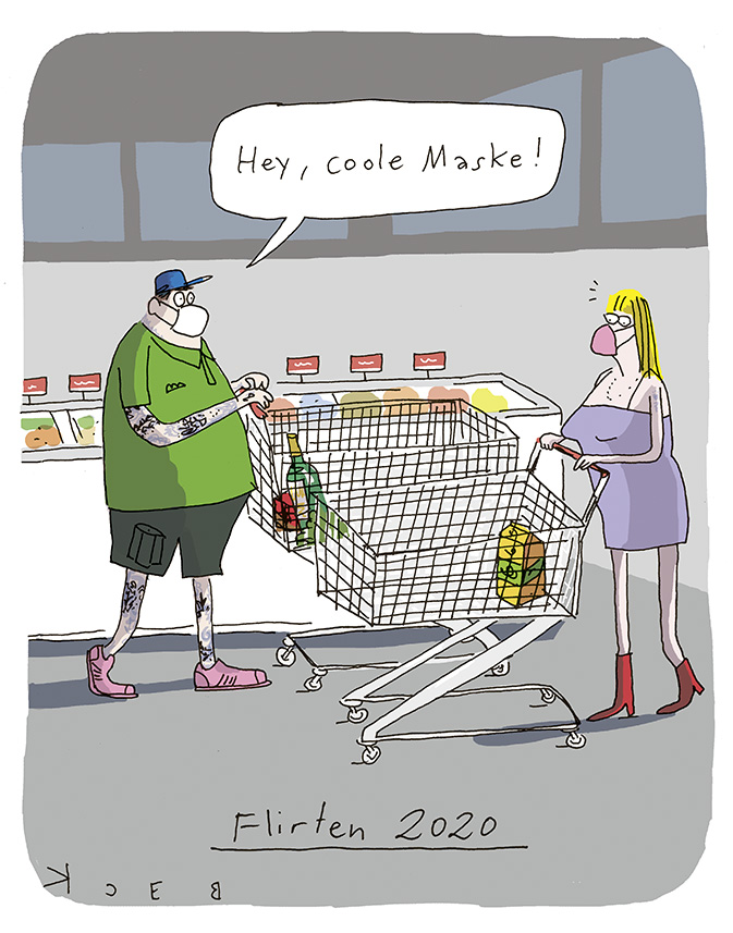 Cartoon von BECK, auf dem ein Mann im Supermarkt eine Frau mit den Worten 