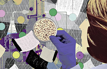 Bunte Illustration von Oliver Weiss: Zu sehen ist eine Frau mit Schutzkleidung, die eine Petrischale mit Keimen begutachtet