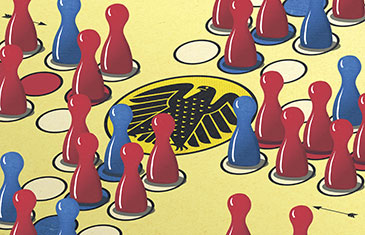 Farbige Illustration von Oliver Weiss: Rote und blaue Spielfiguren auf Mensch-ärgere-Dich-nicht-Spielbrett mit Bundesadler in der Mitte
