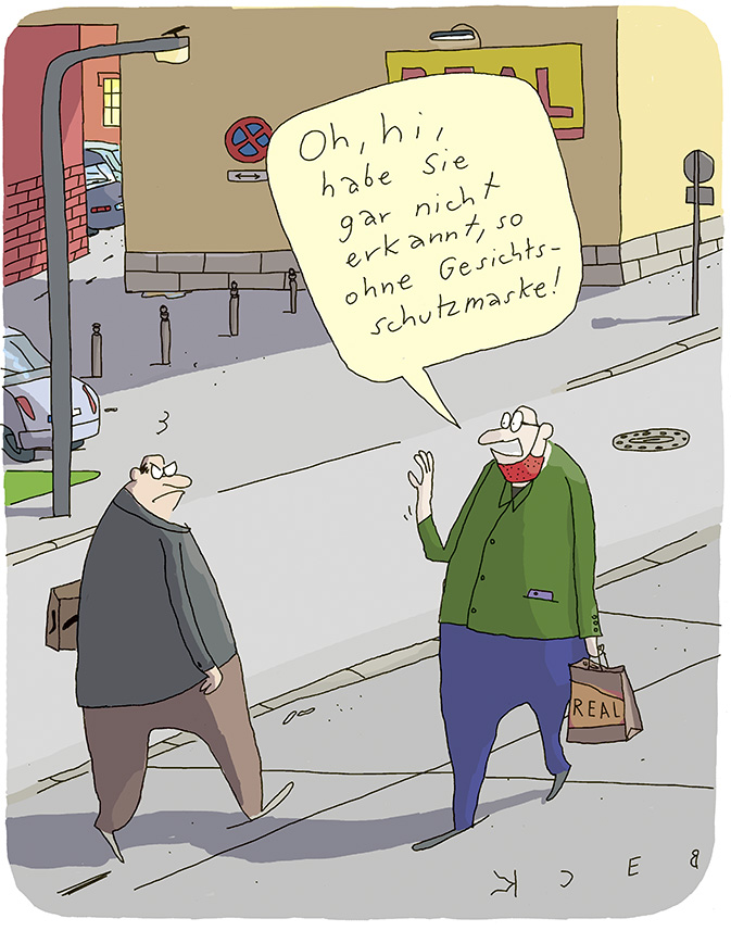 Cartoon BECK: Ein Mann begrüßt einen anderen auf der Straße 