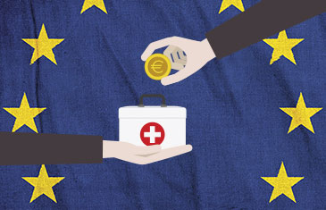 Illustration: Eine Hand hält einen Arztkoffer, darüber eine Hand, die eine Euro-Münze hält. Im Hintergrund die europäische Flagge.