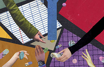 Mehrfarbige Illustration von Oliver Weiß: Hände, die Tabletten sichten