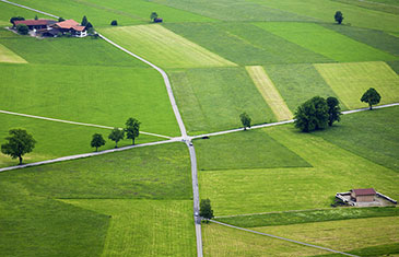 Foto von grünen Feldern mit verstreuten, einzelnen Gebäuden, durchschnitten von wenigen Straßen