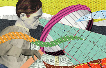 Illustration von Oliver Weiss: Mann, der etwas beobachtet mit vielen bunten grafischen Elementen