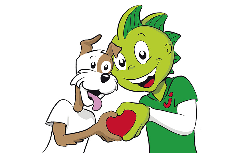 Illustration des kleinen grünen Drachen Jolinchen, der zusammen mit einem Hund ein Herz hält