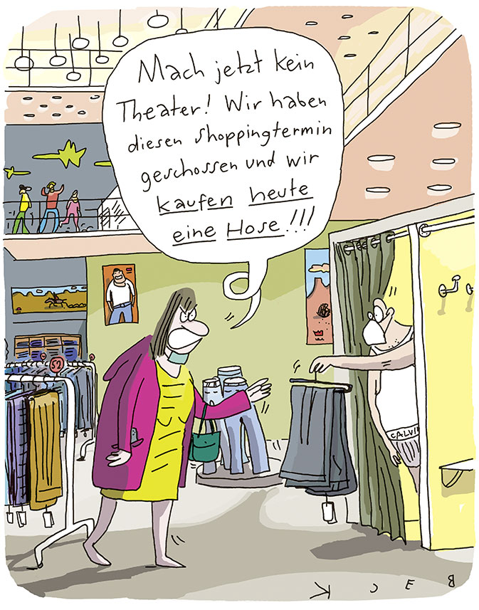 Cartoon von BECK: Frau beschimpft ihren Mann in der Umkleide: 