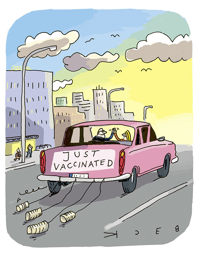 Cartoon von BECK: Pärchen fährt mit Dosen am Auto in den Sonnenaufgang. Auf dem Auto steht 
