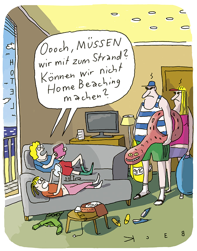 Cartoon von BECK: Eltern fragen auf dem Sofa zockend ihre für den Strand bereiten Eltern: 