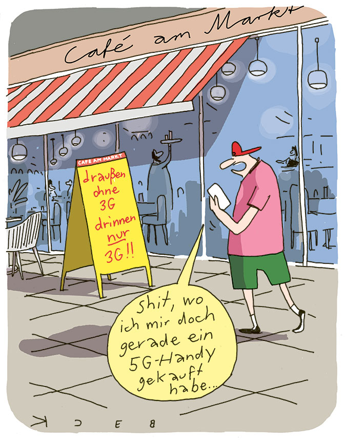 Cartoon von BECK: Mann auf Straße sagt vor Plakat mit der Aufschrft 