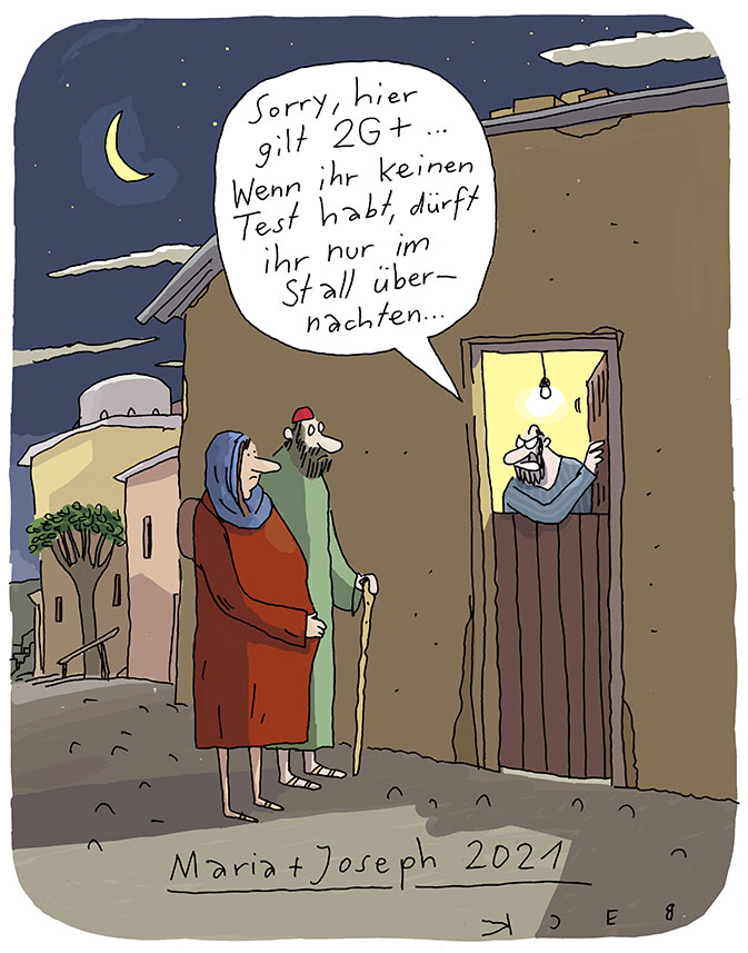 Cartoon von BECK: Der Betreiber einer Unterkunft sagt zur schwangeren Maria und zu Joseph: 