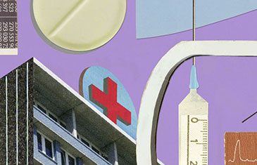 Illustration von Oliver Weiß: Spritze, Tablette und Krankenhaus sowie andere medizinische Symbole vor lila Silhouette