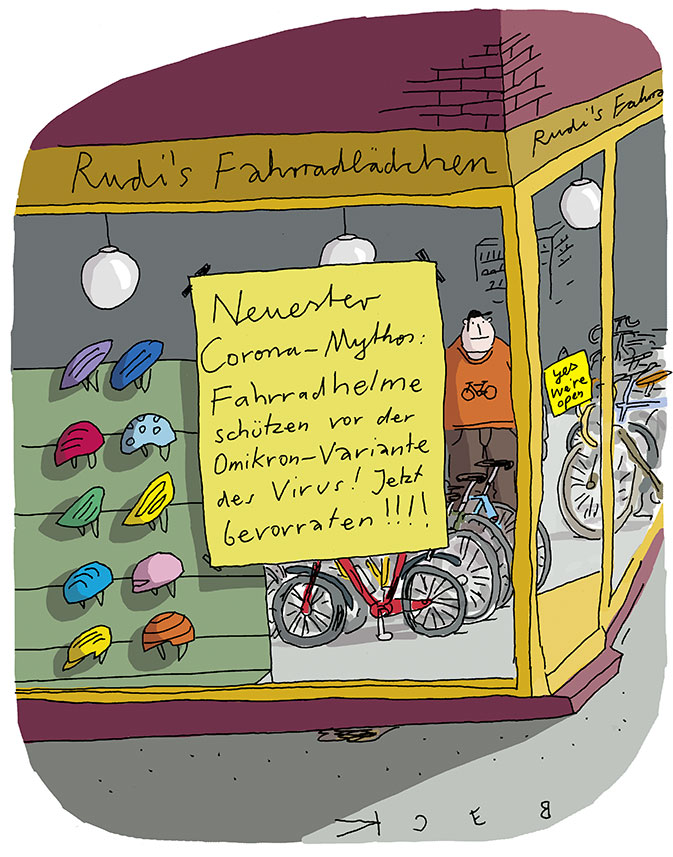 Cartoon von BECK: Blick in Rudi's Fahrradlädchen. Dort hängt ein gelbes Plakat mit der Aufschrift 