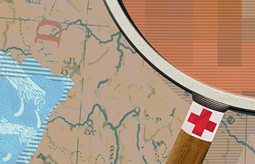 Symboldbild: Illu von Oliver Weiss, auf der eine Lupe über dem Ausschnitt einer Weltkarte zu sehen ist. Die Vergrößerung sieht verpixelt aus.