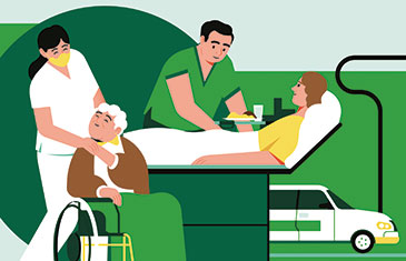 Illustration von Mitarbeitenden und Patienten in der Pflege, die mit Verbandsrollen locker miteinander verbunden sind für - Aufmacher s