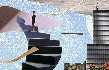Illustration von Oliver Weiss: Person auf einer Treppe, die in den Himmel führt am Rande einer Stadt am Meer. Auf einer Betonfläche schiebt eine Frau ihr Fahrrad.