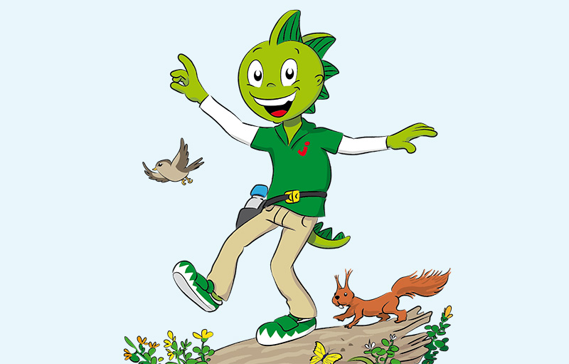 Illustration des grünen AOK-Drachenkindes Jolinchen, der über einen Baumstamm spaziert. Neben ihm flattert ein Vogel, mit auf dem Baumstamm löuft ein Eichhörnchen.