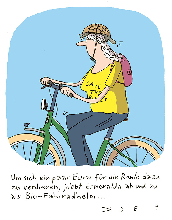 Cartoon von Beck: Eine Frau fährt auf einem grünen Fahrrad mit einer Schildkröte als Fahrradhelm, dazu steht darunter der Text: 