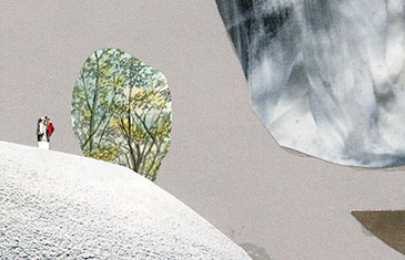 Illustration von Oliver Weiss: Landschaft mit zwei Menschen im Hintergrund und verschiedenen Elementen