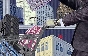 Illustration von Oliver Weiss: Zu sehen ist ein Mann im Anzug, der mit Modellen von Immobilien im Gesundheitswesen hantiert 