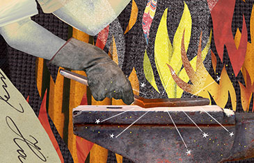 Ilustration von Oliver Weiss: Mann historischen Aussehens, der ein Eisen im Feuer schmiedet. Um ihn herum sieht man Feuer und grafische Elemente.