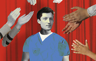 Illustration von Oliver Weiß: Ein Pfleger steht im Mittelpunkt vor einem roten Vorhang. Viele Hände klatschen um ihn herum.
