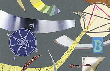 Farbige Illustration von Oliver Weiss mit grafischen Elementen, wie einem Kompass, Diagramm und Papierschnipseln
